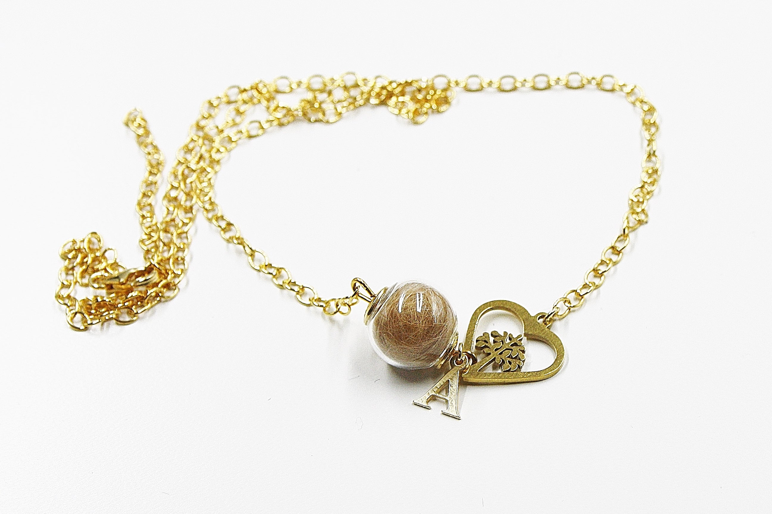 Tierhaar Halskette mit Herz, Lebensbaum und Initiale, Silber925 vergoldet oder Silber, Andenken an ein verstorbenes Haustier