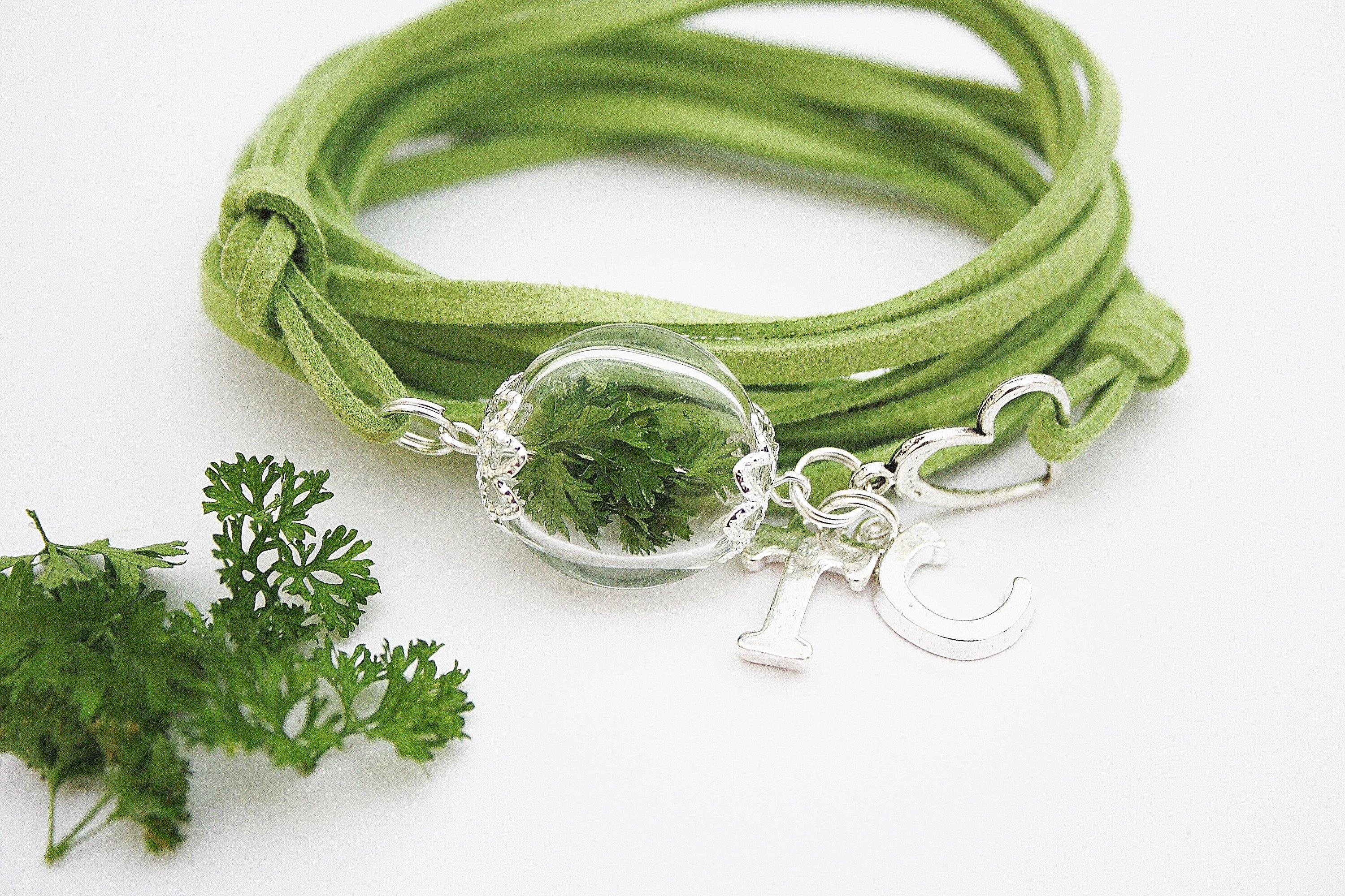 Echte Petersilie Wickelarmband Petersilienhochzeit Geschenk grün Hochzeitstag Brautpaar Liebe Herz Buchstaben Initialen