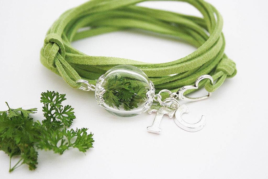 Echte Petersilie Wickelarmband Petersilienhochzeit Geschenk grün Hochzeitstag Brautpaar Liebe Herz Buchstaben Initialen